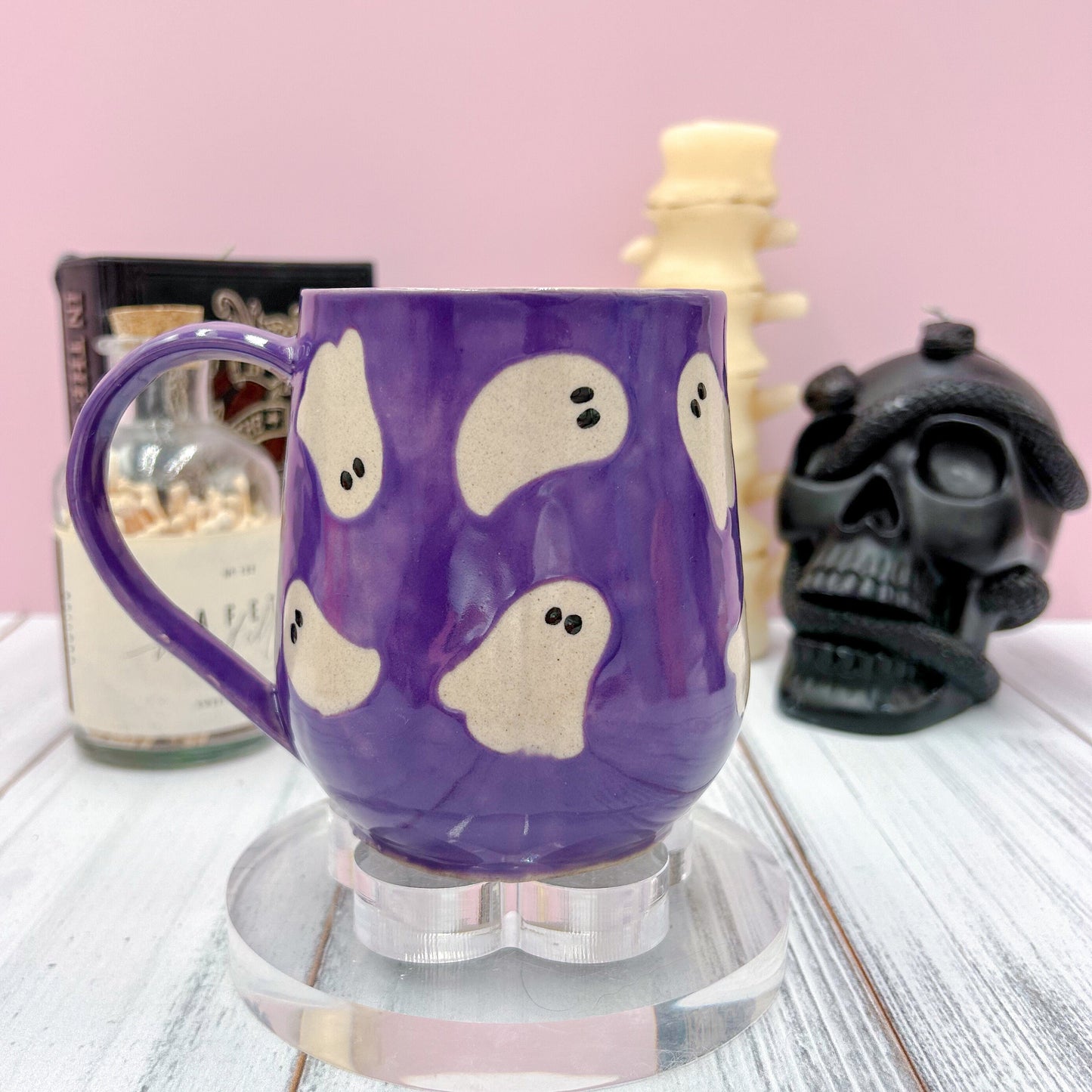 Purple Ghost Ceramic Mug, Autumn Gift For Her, Retro Fall Mug, Halloween Gift, Spooky Mug Handmade, Cute Autumn Mugs, Cozy Fall Gift