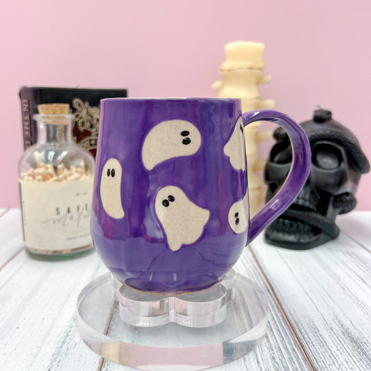 Purple Ghost Ceramic Mug, Autumn Gift For Her, Retro Fall Mug, Halloween Gift, Spooky Mug Handmade, Cute Autumn Mugs, Cozy Fall Gift