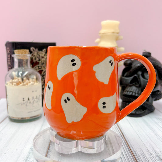 Orange Ghost Ceramic Mug, Autumn Gift For Her, Retro Fall Mug, Halloween Gift, Spooky Mug Handmade, Cute Autumn Mugs, Cozy Fall Gift