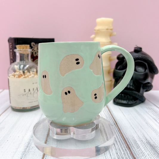 Aqua Ghost Ceramic Mug, Autumn Gift For Her, Retro Fall Mug, Halloween Gift, Spooky Mug Handmade, Cute Autumn Mugs, Cozy Fall Gift