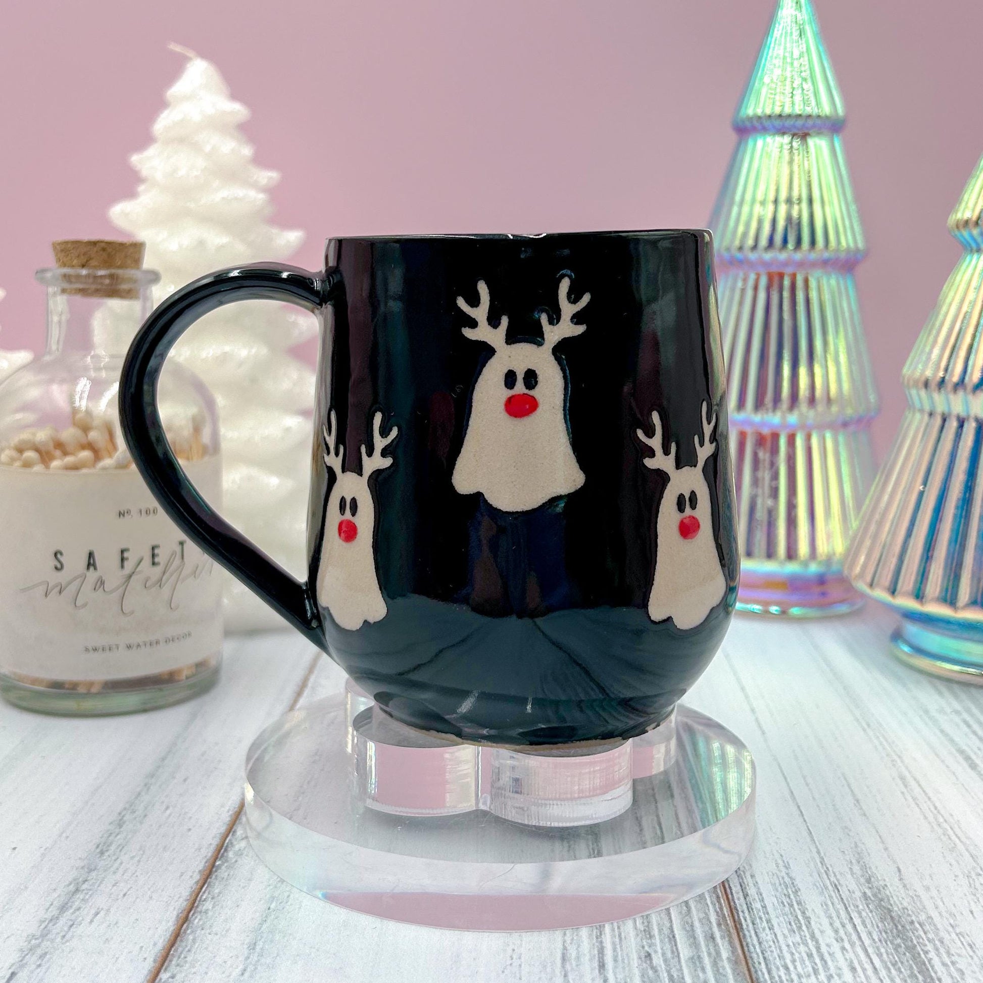 Black Reindeer Ghost Mug, Winter Coffee Mug, Christmas Mug Ceramic Handmade, Stoneware Mug, Holiday Christmas Cup, Cozy Winter Cabin Gift