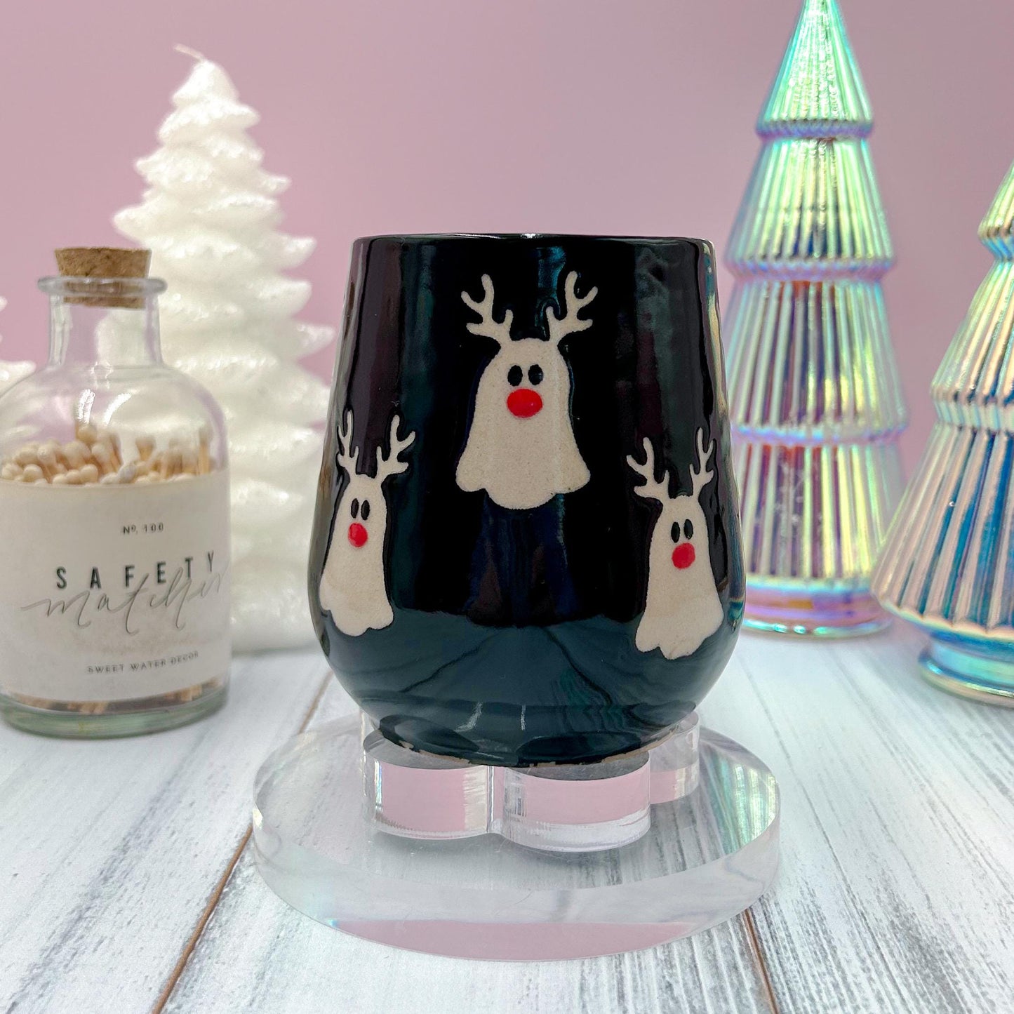 Black Reindeer Ghost Mug, Winter Coffee Mug, Christmas Mug Ceramic Handmade, Stoneware Mug, Holiday Christmas Cup, Cozy Winter Cabin Gift