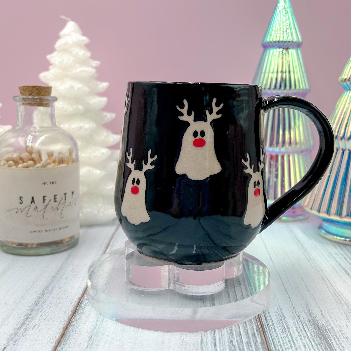 Black Reindeer Ghost Mug, Winter Coffee Mug, Christmas Mug Ceramic Handmade, Stoneware Mug, Holiday Christmas Cup, Cozy Winter Cabin Gift