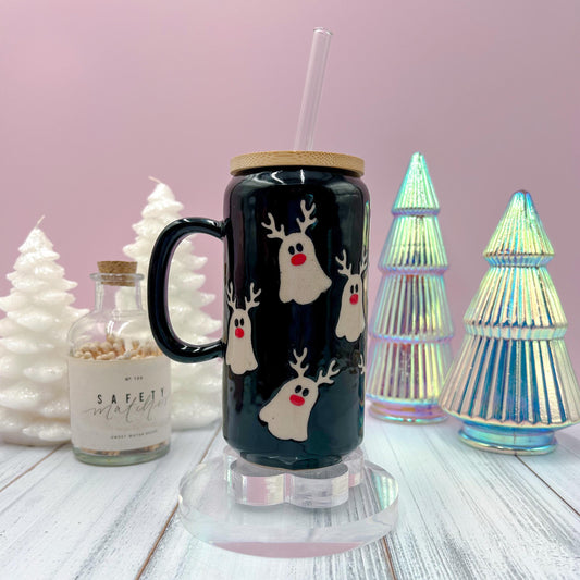 Black Reindeer Ghost Tumbler Mug, Winter Coffee Mug, Christmas Mug Ceramic Handmade, Stoneware Mug, Holiday Christmas Cup, Cozy Winter Gift