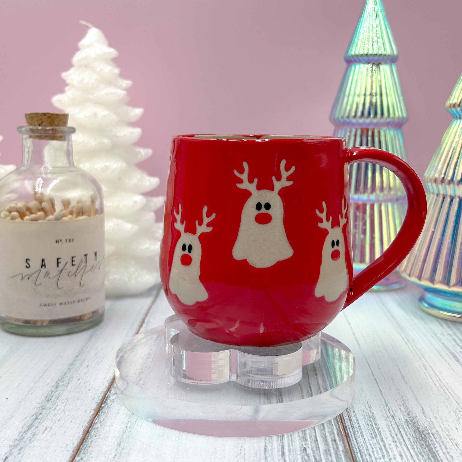 Red Reindeer Ghost Mug, Winter Coffee Mug, Christmas Mug Ceramic Handmade, Stoneware Mug, Holiday Christmas Cup, Cozy Winter Cabin Gift