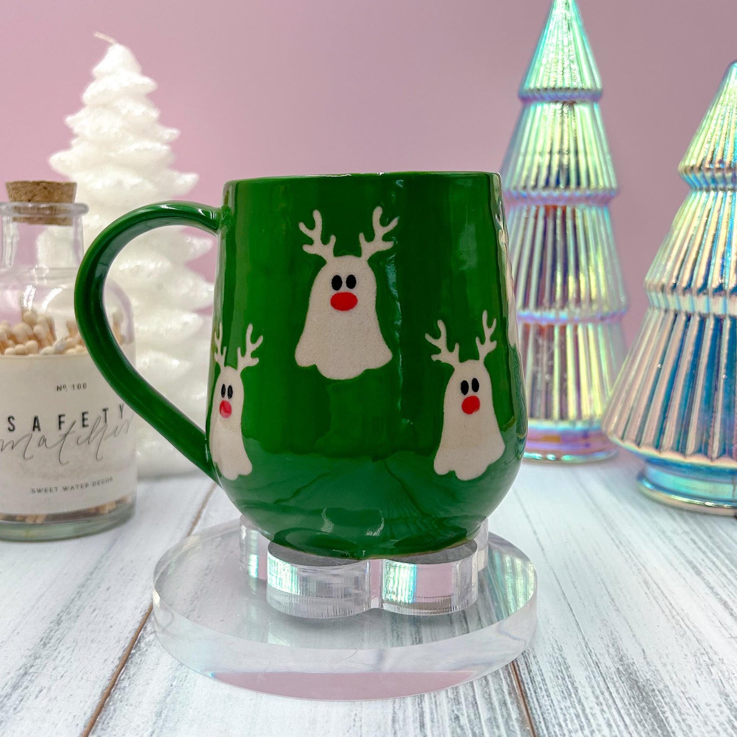 Green Reindeer Ghost Mug, Winter Coffee Mug, Christmas Mug Ceramic Handmade, Stoneware Mug, Holiday Christmas Cup, Cozy Winter Cabin Gift