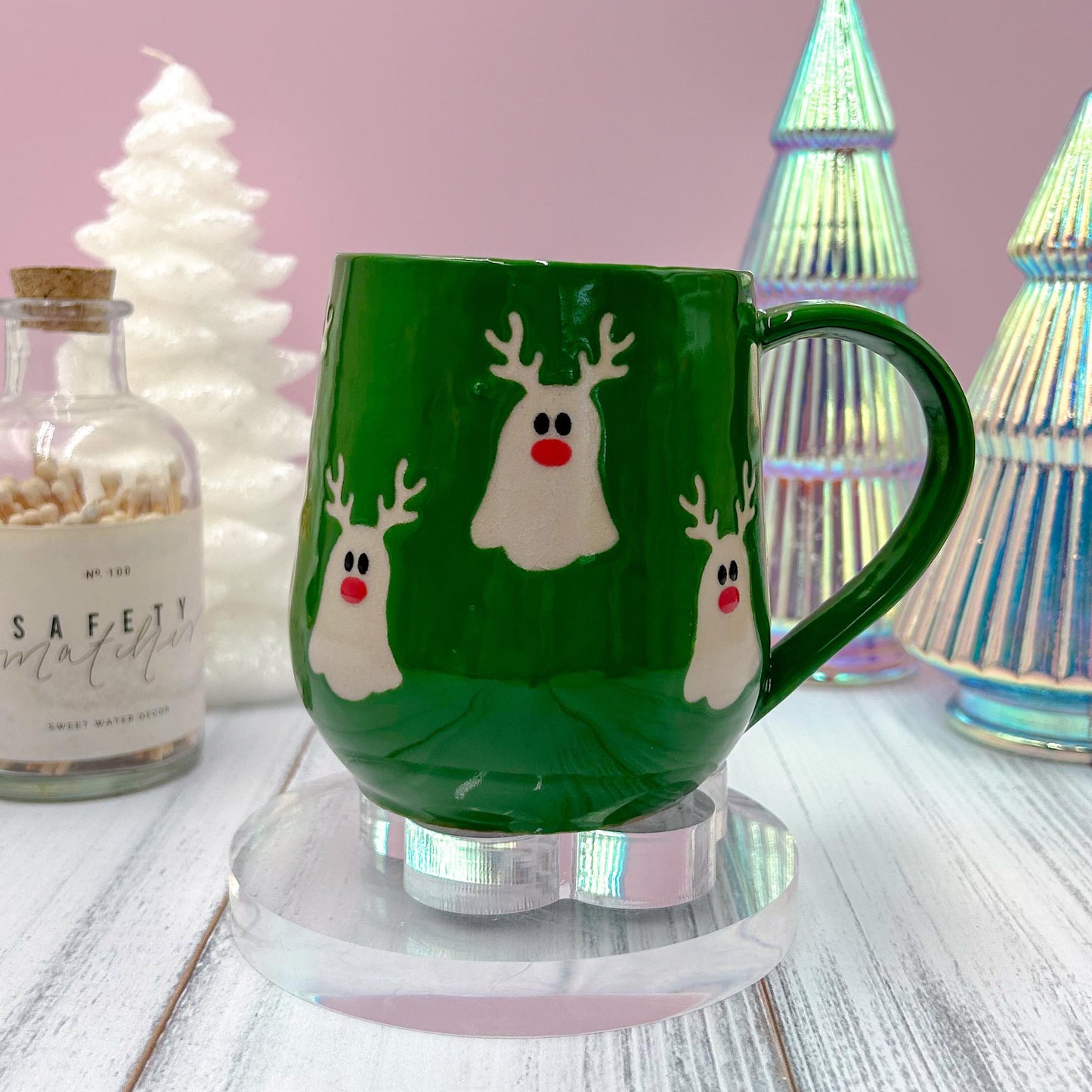 Green Reindeer Ghost Mug, Winter Coffee Mug, Christmas Mug Ceramic Handmade, Stoneware Mug, Holiday Christmas Cup, Cozy Winter Cabin Gift