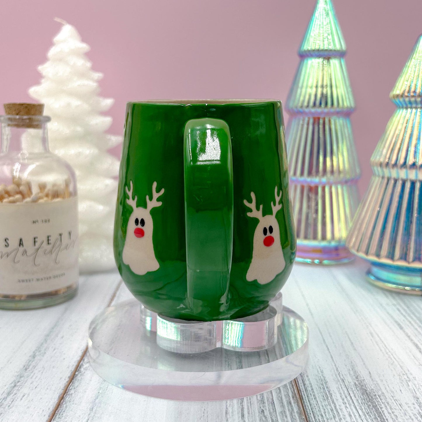 Green Reindeer Ghost Mug, Winter Coffee Mug, Christmas Mug Ceramic Handmade, Stoneware Mug, Holiday Christmas Cup, Cozy Winter Cabin Gift