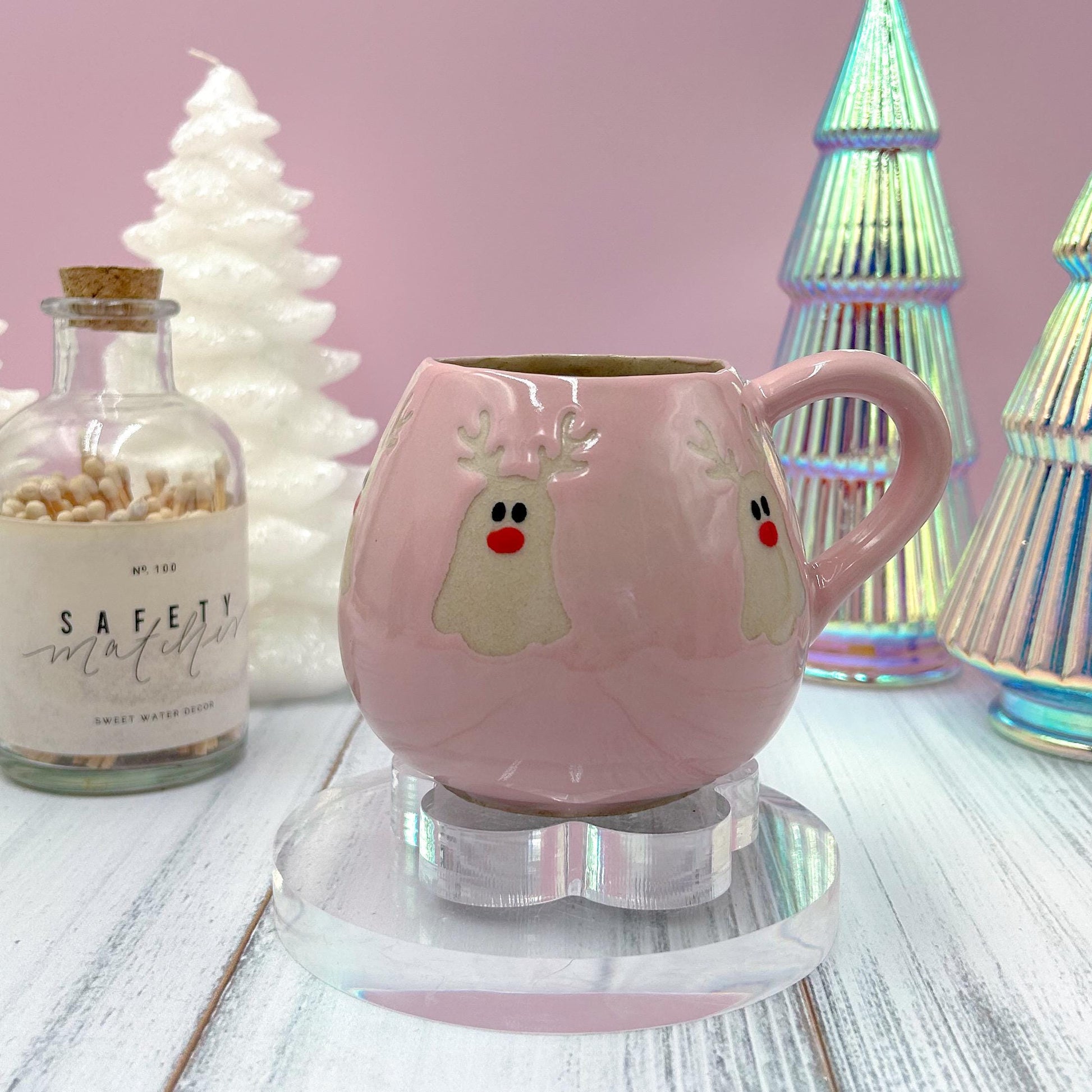 Pink Reindeer Ghost 12 oz Mug, Winter Coffee Mug, Christmas Mug Ceramic Handmade, Stoneware Mug, Holiday Christmas Cup, Cozy Winter Gift