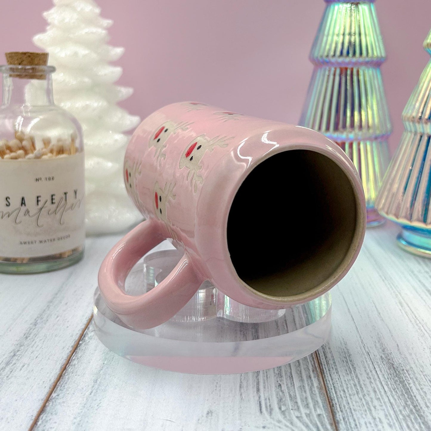 Pink Reindeer Christmas Mug, Winter Coffee Mug, Christmas Mug Ceramic Handmade, Stoneware Mug, Holiday Cup, Cozy Cabin Gift, Winter Gift