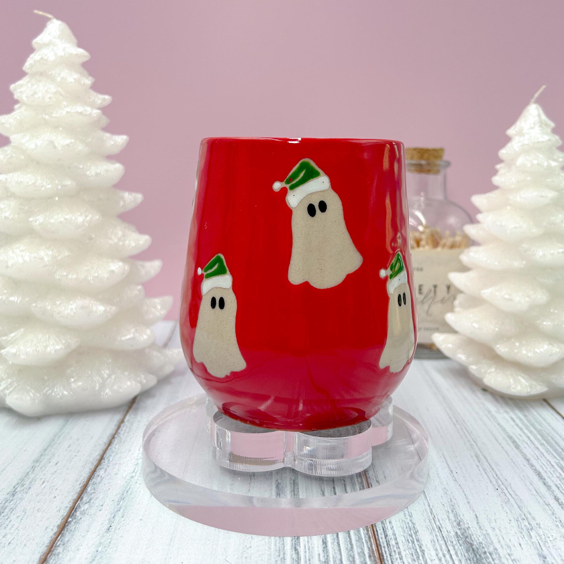 Red Santa Hat Ghost Mug, Winter Coffee Mug, Christmas Mug Ceramic Handmade, Stoneware Mug, Holiday Christmas Cup, Cozy Winter Cabin Gift