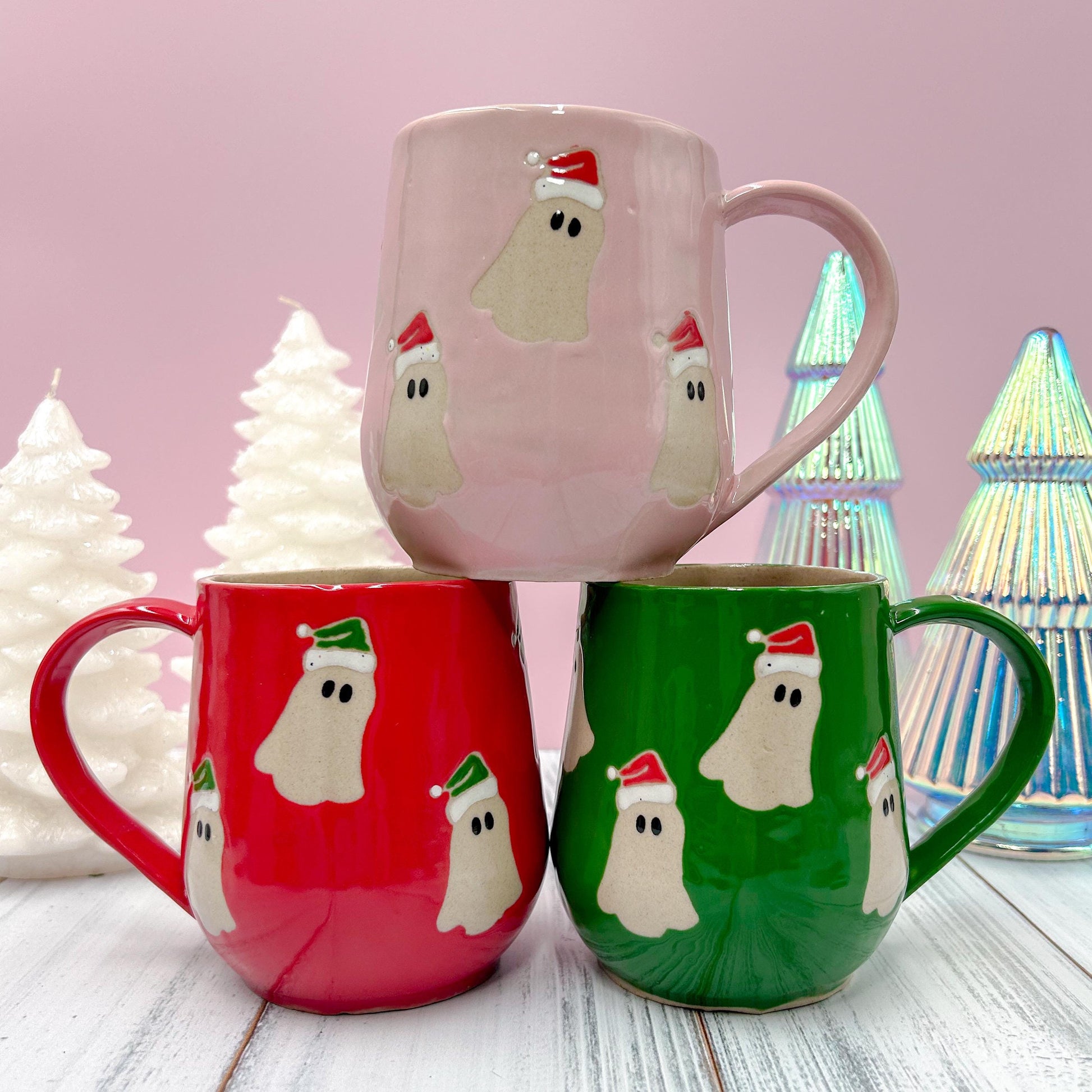 Green Santa Hat Ghost Mug, Winter Coffee Mug, Christmas Mug Ceramic Handmade, Stoneware Mug, Holiday Christmas Cup, Cozy Winter Cabin Gift