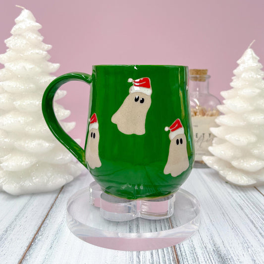 Green Santa Hat Ghost Mug, Winter Coffee Mug, Christmas Mug Ceramic Handmade, Stoneware Mug, Holiday Christmas Cup, Cozy Winter Cabin Gift