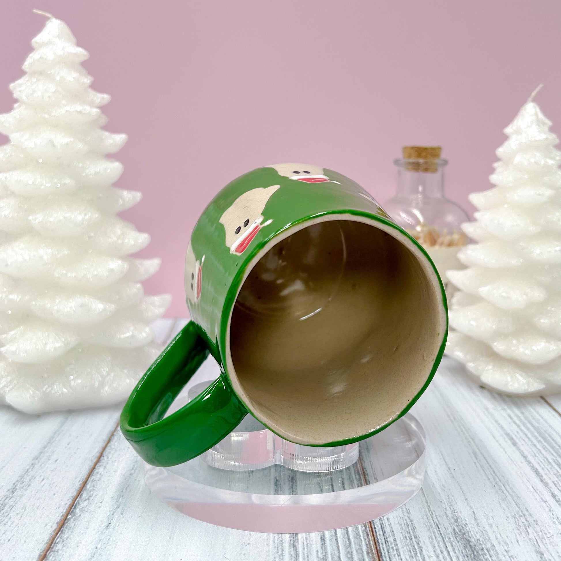 Green Santa Hat Ghost Mug, Winter Coffee Mug, Christmas Mug Ceramic Handmade, Stoneware Mug, Holiday Christmas Cup, Cozy Winter Cabin Gift