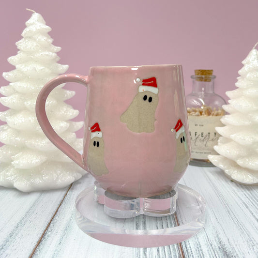 Pink Santa Hat Ghost Mug, Winter Coffee Mug, Christmas Mug Ceramic Handmade, Stoneware Mug, Holiday Christmas Cup, Cozy Winter Cabin Gift