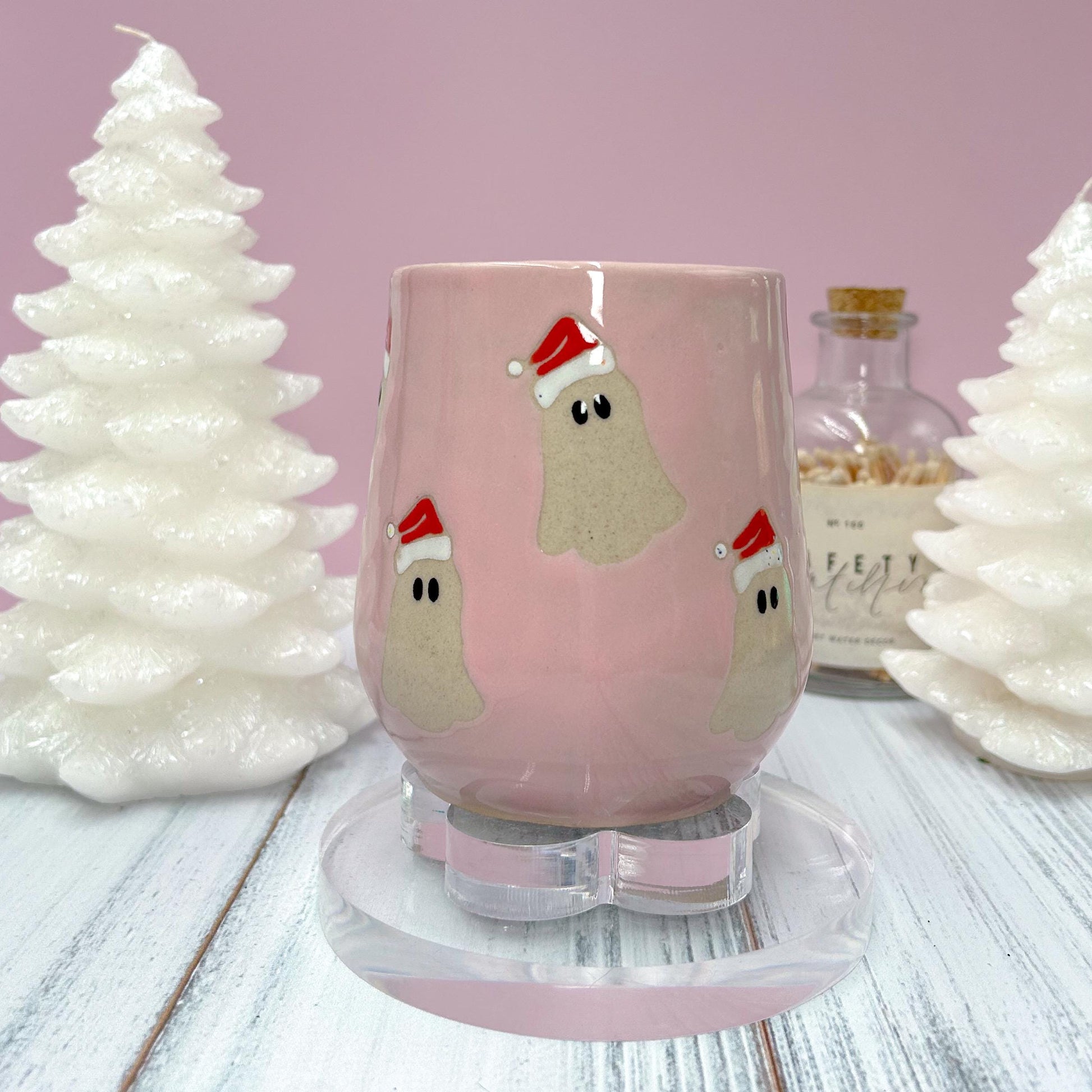 Pink Santa Hat Ghost Mug, Winter Coffee Mug, Christmas Mug Ceramic Handmade, Stoneware Mug, Holiday Christmas Cup, Cozy Winter Cabin Gift