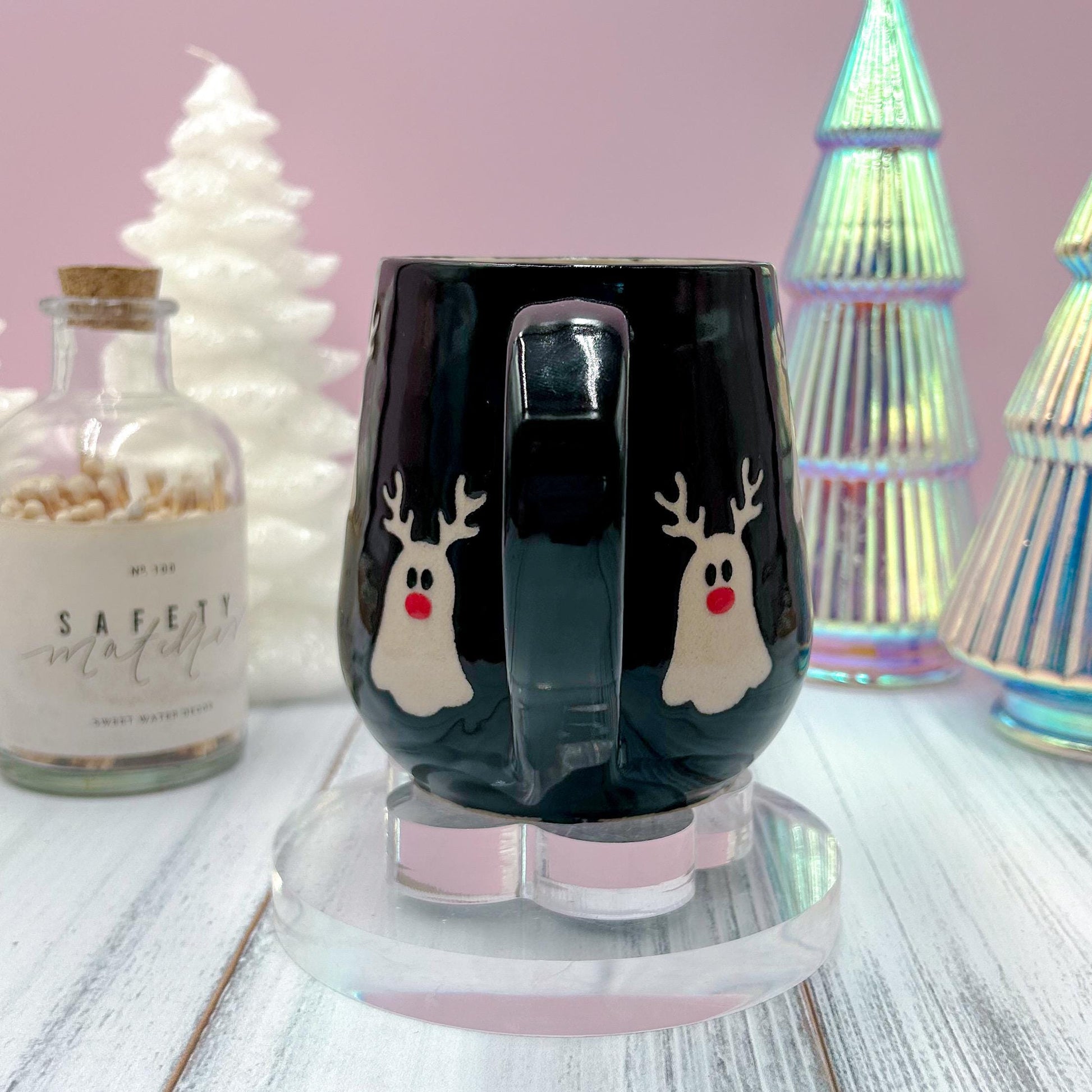 Black Reindeer Ghost Mug, Winter Coffee Mug, Christmas Mug Ceramic Handmade, Stoneware Mug, Holiday Christmas Cup, Cozy Winter Cabin Gift