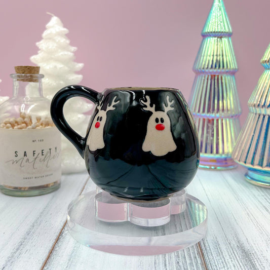 Black Reindeer Ghost 12 oz Mug, Winter Coffee Mug, Christmas Mug Ceramic Handmade, Stoneware Mug, Holiday Christmas Cup, Cozy Winter Gift