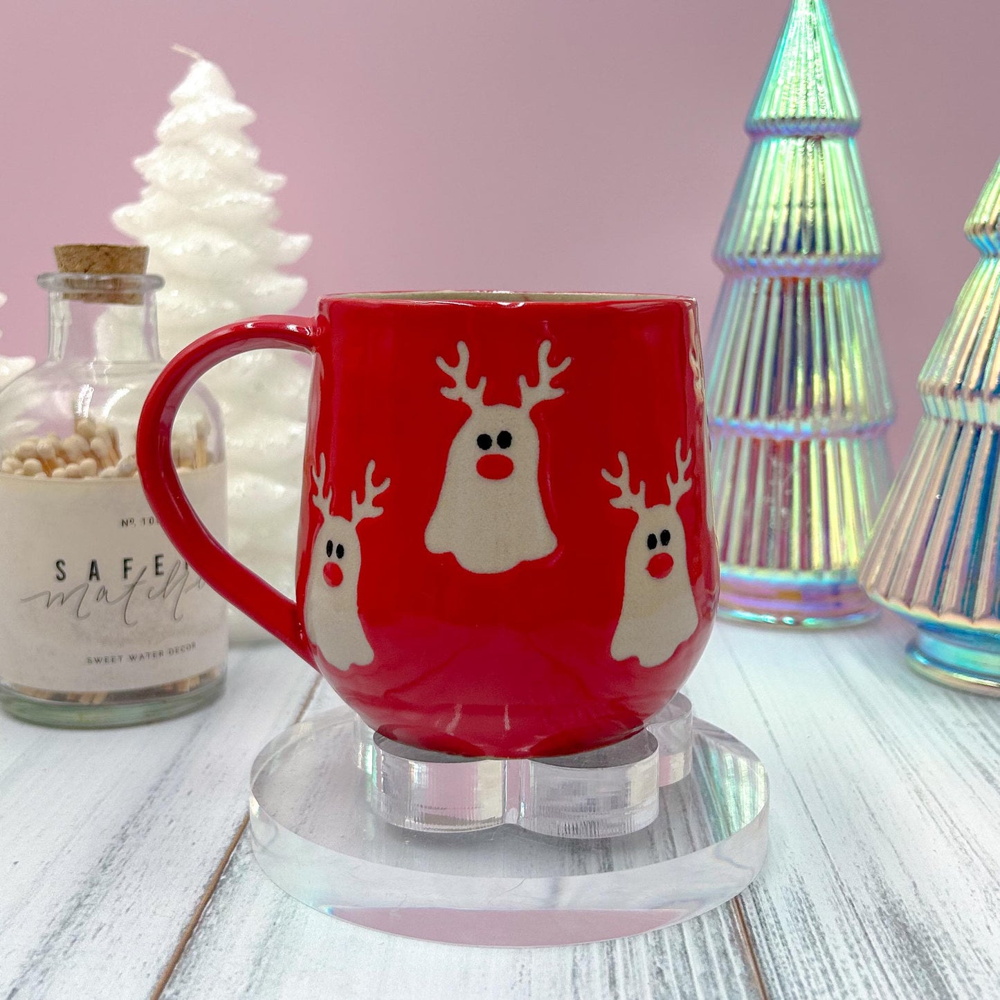 Red Reindeer Ghost Mug, Winter Coffee Mug, Christmas Mug Ceramic Handmade, Stoneware Mug, Holiday Christmas Cup, Cozy Winter Cabin Gift