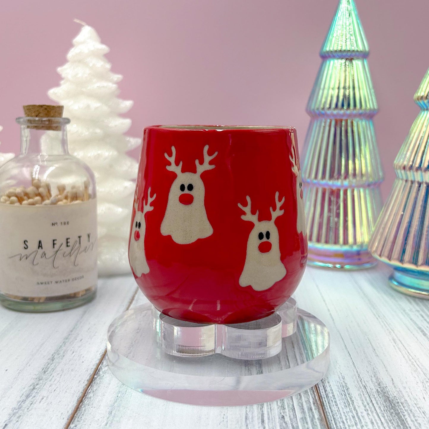 Red Reindeer Ghost Mug, Winter Coffee Mug, Christmas Mug Ceramic Handmade, Stoneware Mug, Holiday Christmas Cup, Cozy Winter Cabin Gift