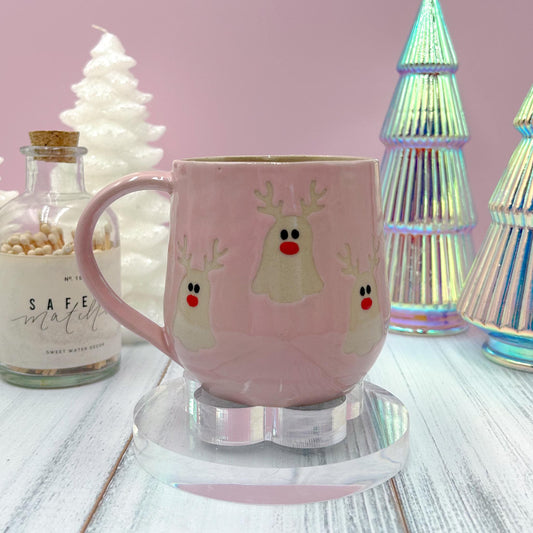 Pink Reindeer Ghost Mug, Winter Coffee Mug, Christmas Mug Ceramic Handmade, Stoneware Mug, Holiday Christmas Cup, Cozy Winter Cabin Gift