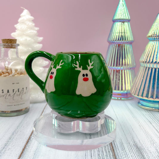 Green Reindeer Ghost 12 oz Mug, Winter Coffee Mug, Christmas Mug Ceramic Handmade, Stoneware Mug, Holiday Christmas Cup, Cozy Winter Gift