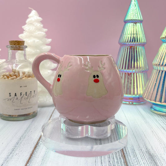 Pink Reindeer Ghost 12 oz Mug, Winter Coffee Mug, Christmas Mug Ceramic Handmade, Stoneware Mug, Holiday Christmas Cup, Cozy Winter Gift