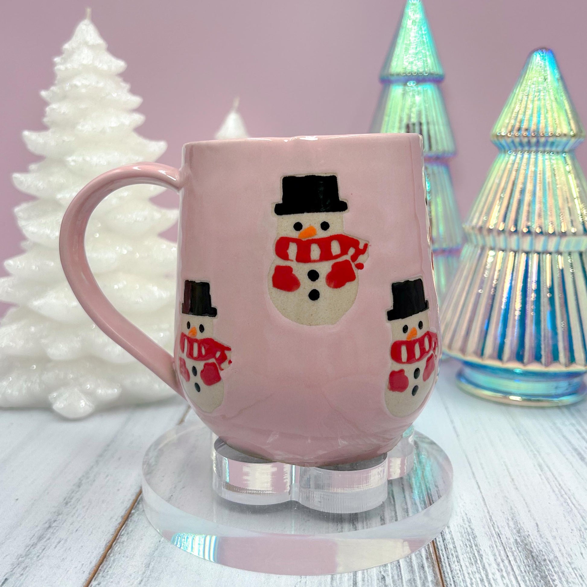 Pink Snowman Ceramic Coffee Mug, Christmas Mug Ceramic Handmade, Stoneware Mug, Holiday Cup, Cozy Gift, Winter Gift, Cozy Christmas Gift