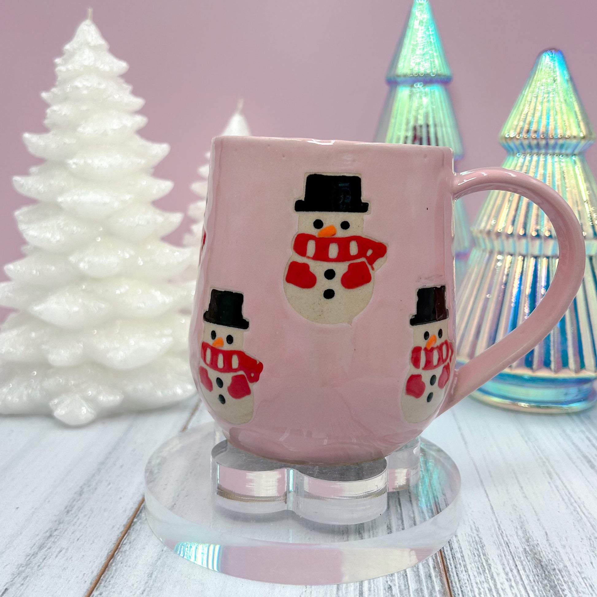 Pink Snowman Ceramic Coffee Mug, Christmas Mug Ceramic Handmade, Stoneware Mug, Holiday Cup, Cozy Gift, Winter Gift, Cozy Christmas Gift