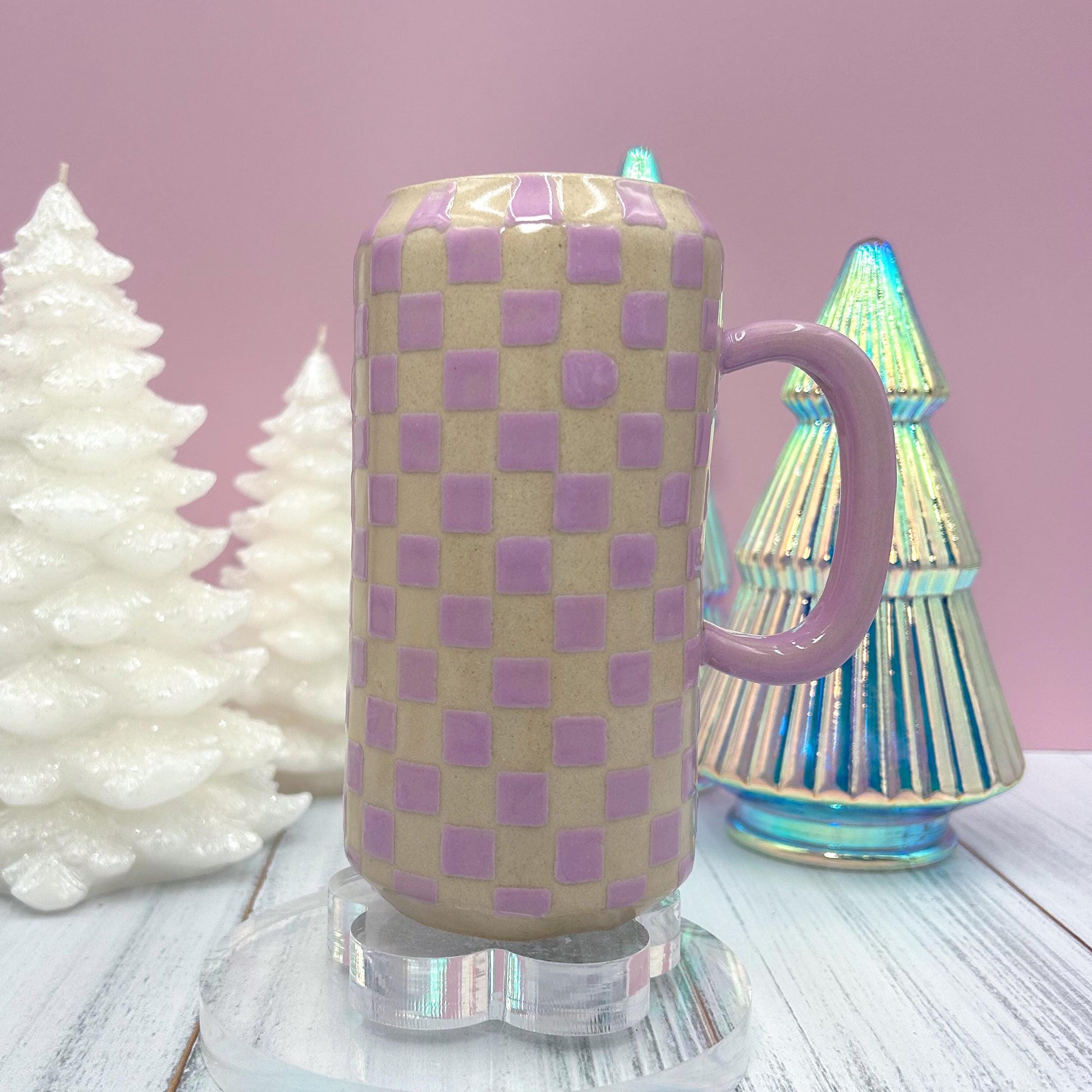 Purple Retro Checkered Tumbler, Groovy Coffee Cup, Retro Teacher Appreciation Gift, Checkerboard Mug, Teen Girl Birthday Gifts