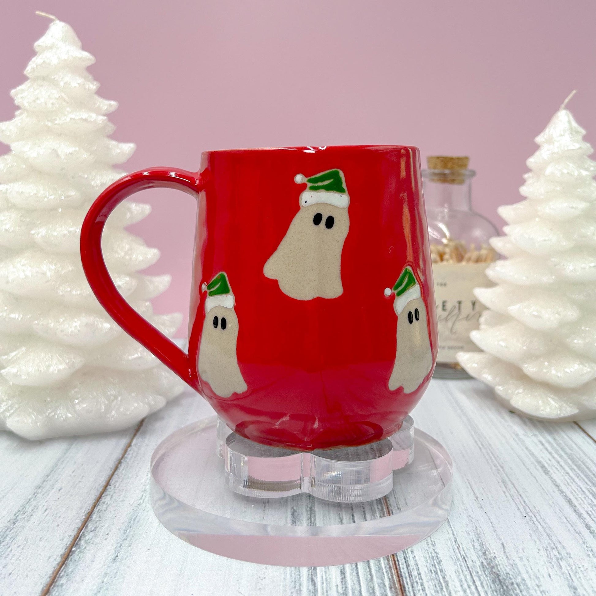 Red Santa Hat Ghost Mug, Winter Coffee Mug, Christmas Mug Ceramic Handmade, Stoneware Mug, Holiday Christmas Cup, Cozy Winter Cabin Gift