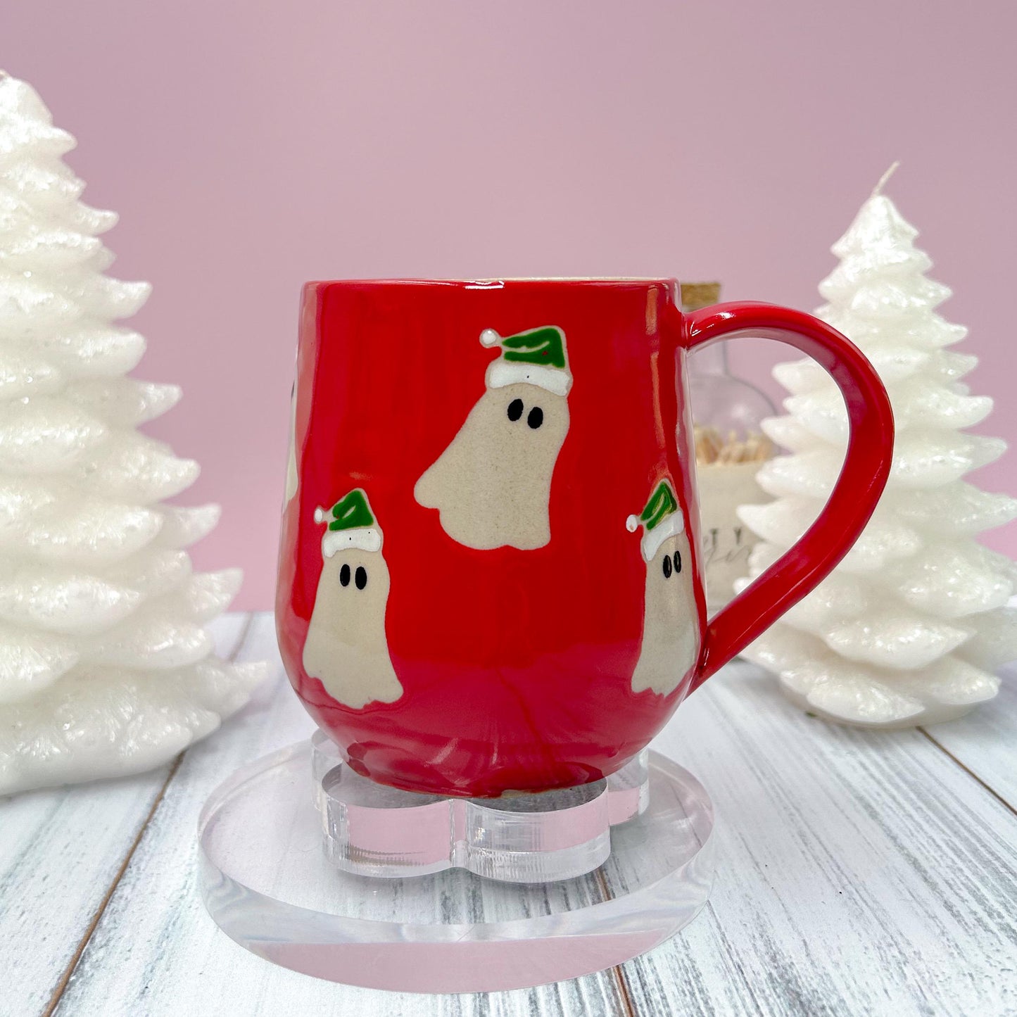 Red Santa Hat Ghost Mug, Winter Coffee Mug, Christmas Mug Ceramic Handmade, Stoneware Mug, Holiday Christmas Cup, Cozy Winter Cabin Gift