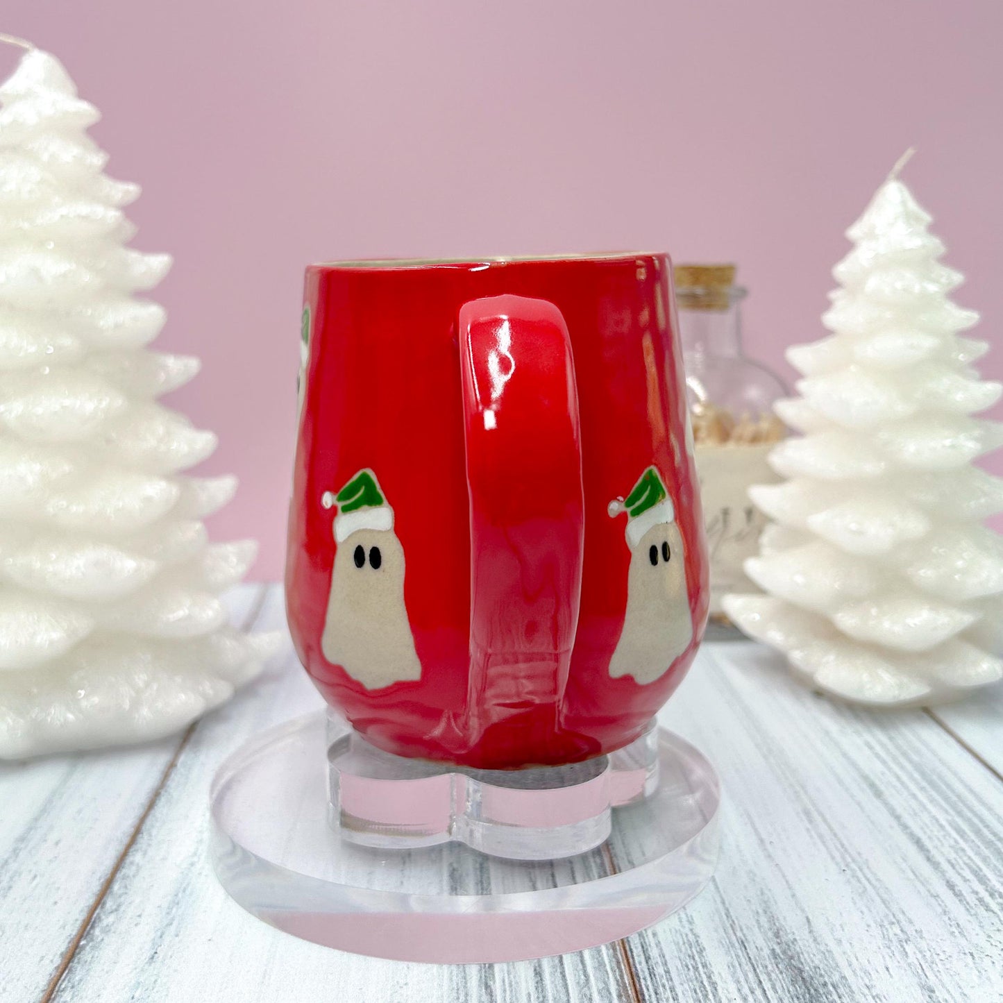 Red Santa Hat Ghost Mug, Winter Coffee Mug, Christmas Mug Ceramic Handmade, Stoneware Mug, Holiday Christmas Cup, Cozy Winter Cabin Gift