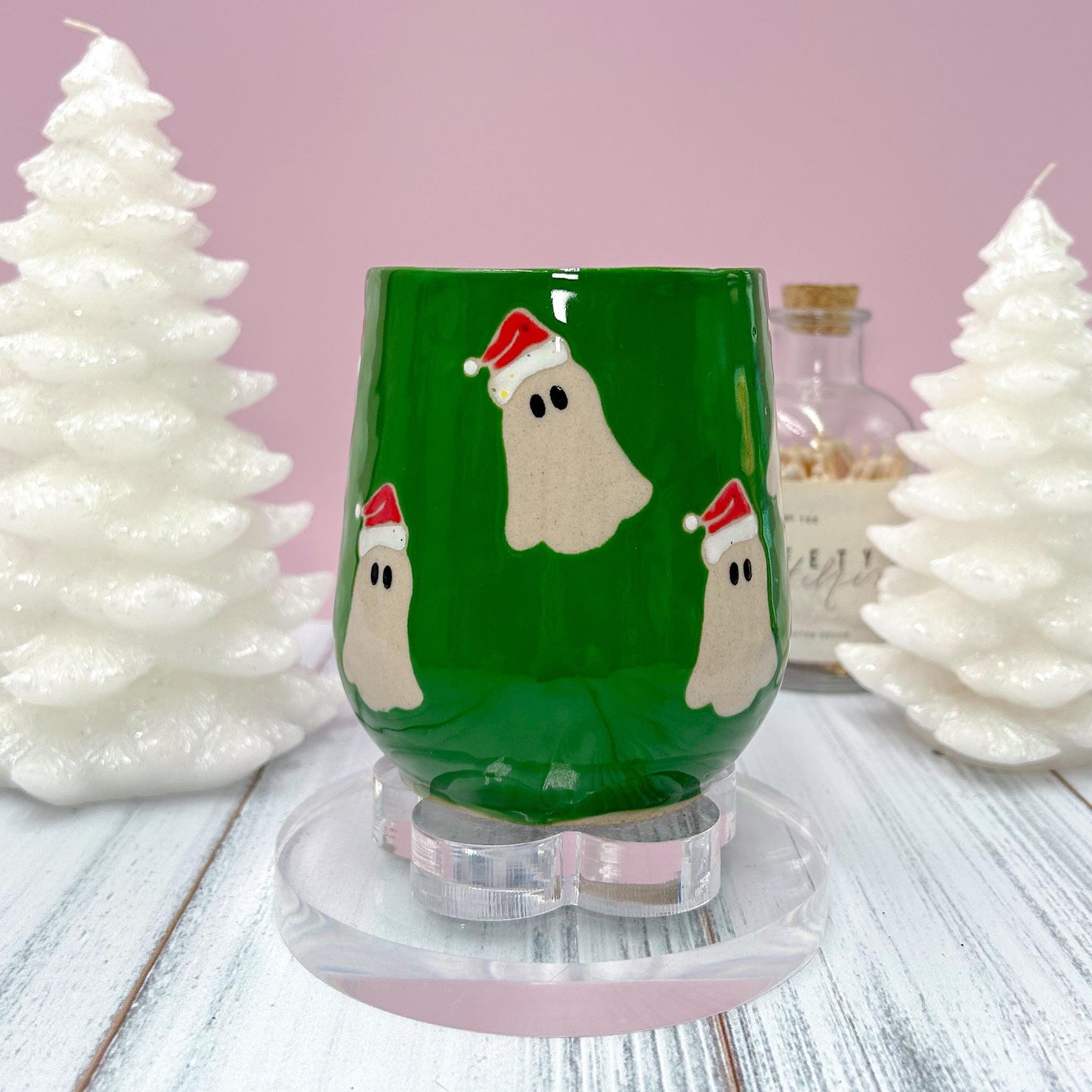 Green Santa Hat Ghost Mug, Winter Coffee Mug, Christmas Mug Ceramic Handmade, Stoneware Mug, Holiday Christmas Cup, Cozy Winter Cabin Gift