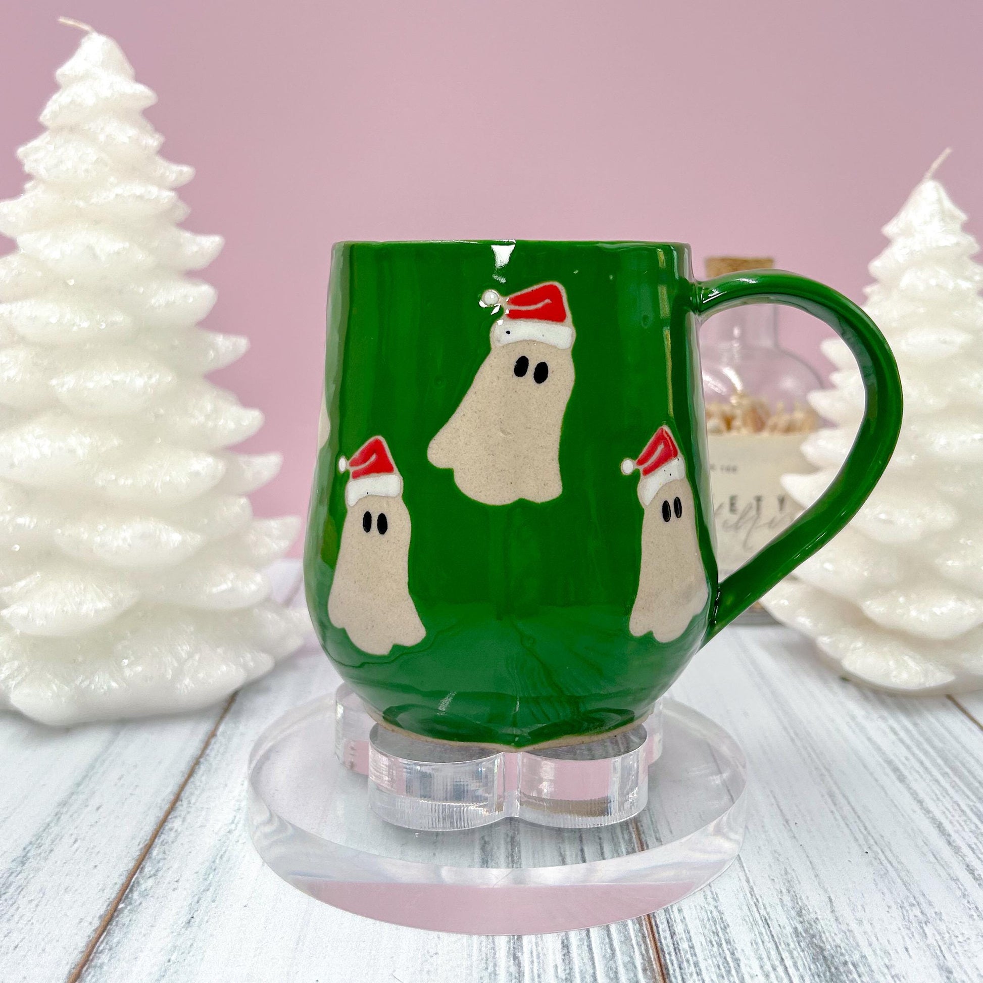 Green Santa Hat Ghost Mug, Winter Coffee Mug, Christmas Mug Ceramic Handmade, Stoneware Mug, Holiday Christmas Cup, Cozy Winter Cabin Gift