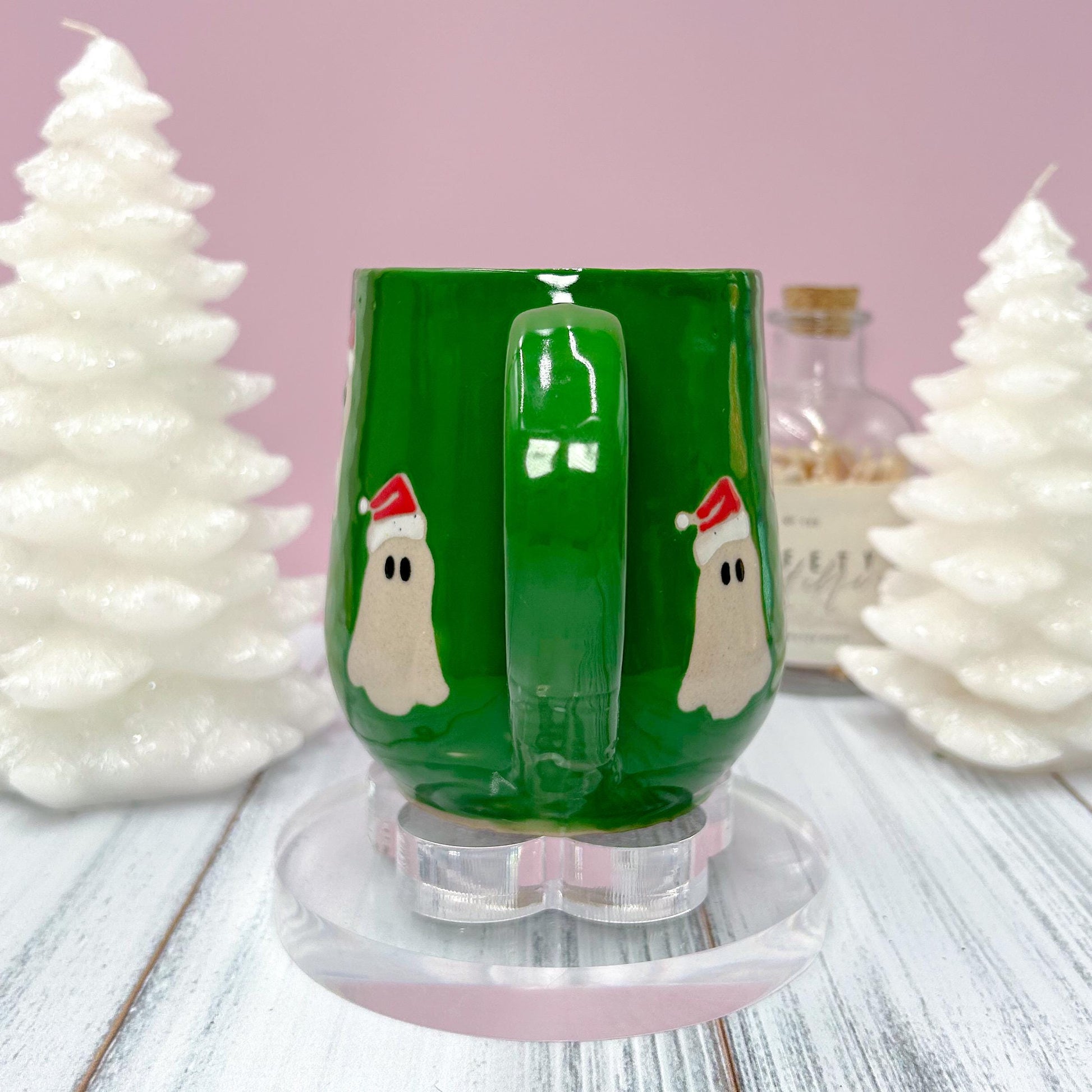 Green Santa Hat Ghost Mug, Winter Coffee Mug, Christmas Mug Ceramic Handmade, Stoneware Mug, Holiday Christmas Cup, Cozy Winter Cabin Gift