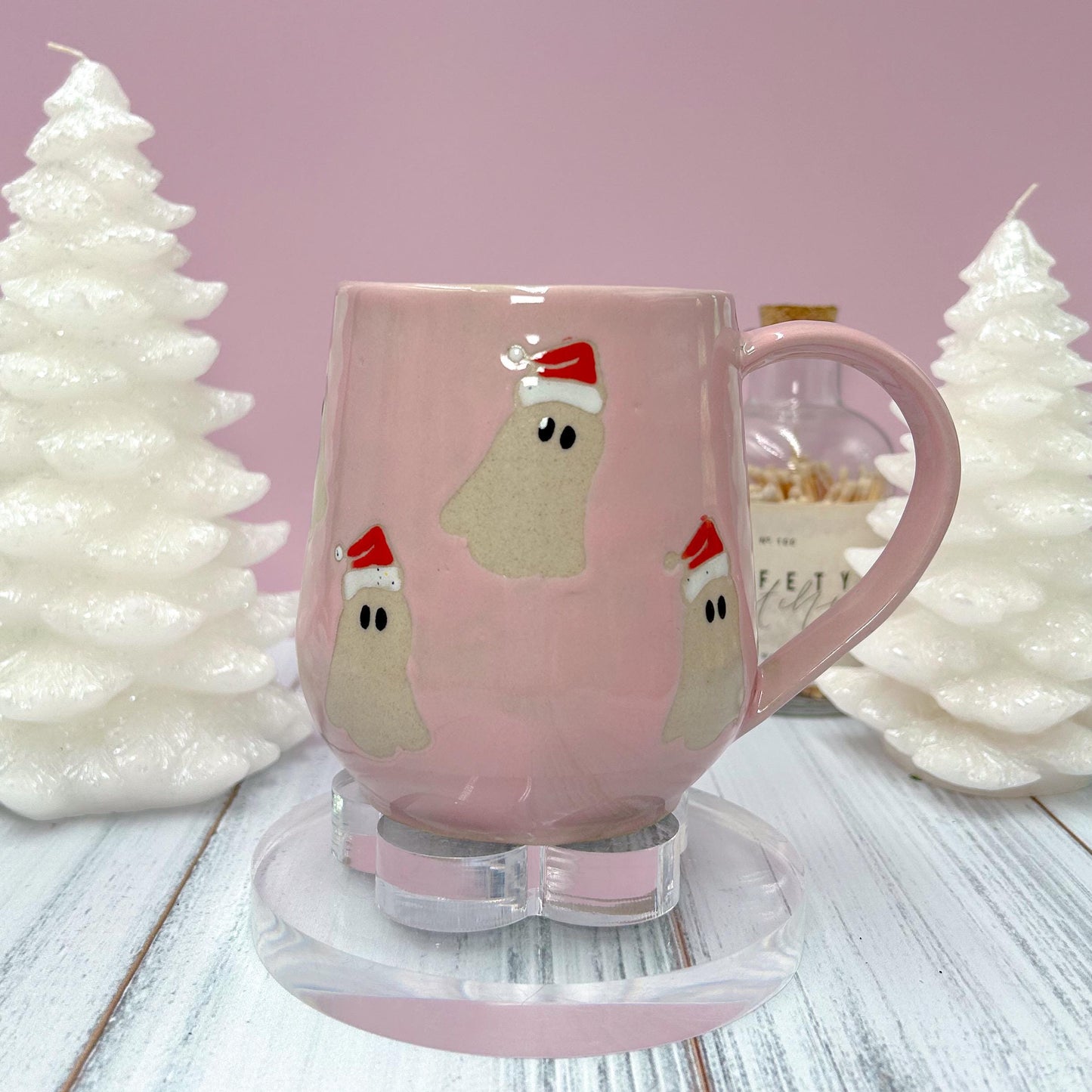 Pink Santa Hat Ghost Mug, Winter Coffee Mug, Christmas Mug Ceramic Handmade, Stoneware Mug, Holiday Christmas Cup, Cozy Winter Cabin Gift