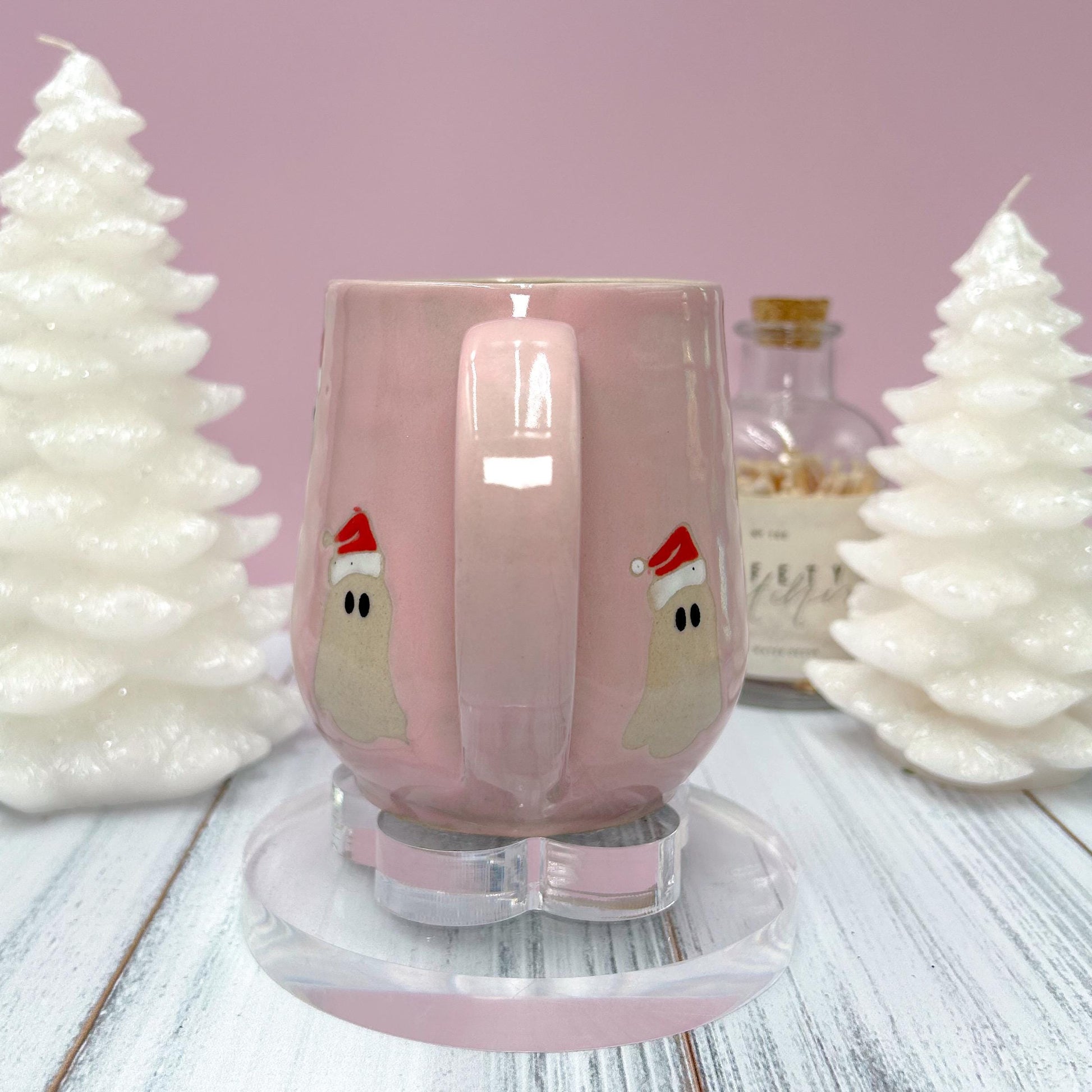 Pink Santa Hat Ghost Mug, Winter Coffee Mug, Christmas Mug Ceramic Handmade, Stoneware Mug, Holiday Christmas Cup, Cozy Winter Cabin Gift