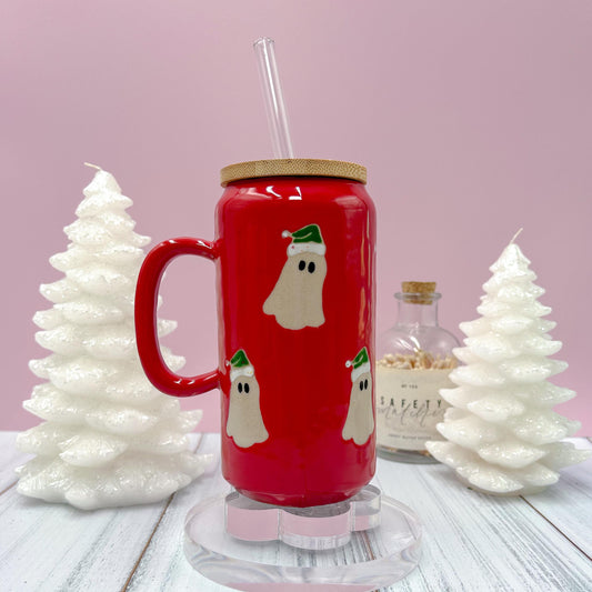 Red Santa Hat Ghost Tumbler Mug, Winter Coffee Mug, Christmas Mug Ceramic Handmade, Stoneware Mug, Holiday Christmas Cup, Cozy Cabin Gift