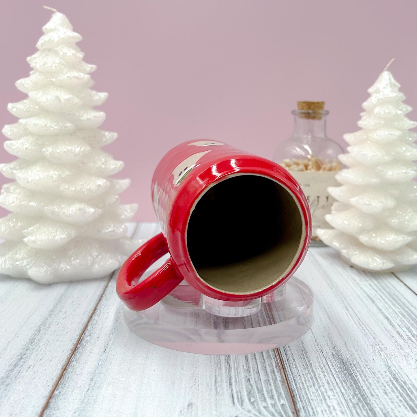 Red Santa Hat Ghost Tumbler Mug, Winter Coffee Mug, Christmas Mug Ceramic Handmade, Stoneware Mug, Holiday Christmas Cup, Cozy Cabin Gift