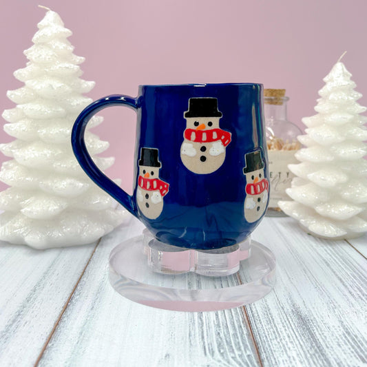 Dark Blue Snowman Ceramic Coffee Mug, Christmas Mug, Handmade, Stoneware Mug, Holiday Cup, Cozy Gift, Winter Gift, Cozy Christmas Gift