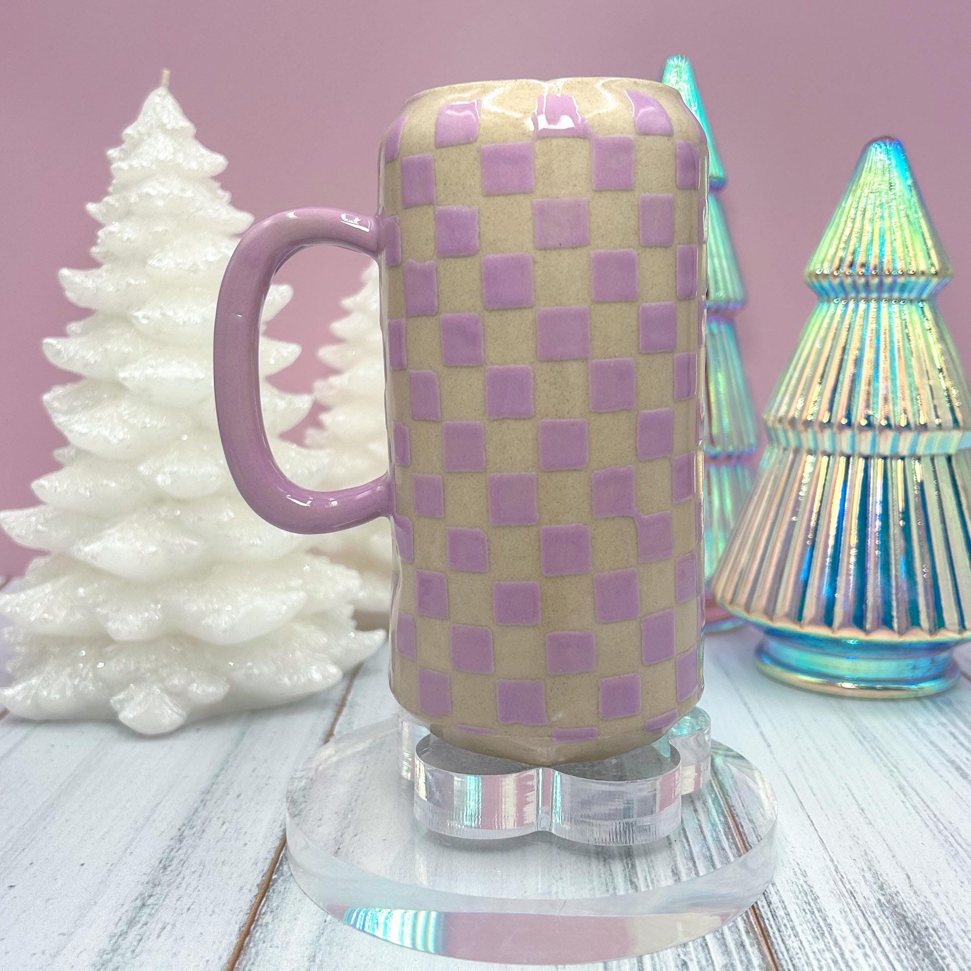 Purple Retro Checkered Tumbler, Groovy Coffee Cup, Retro Teacher Appreciation Gift, Checkerboard Mug, Teen Girl Birthday Gifts