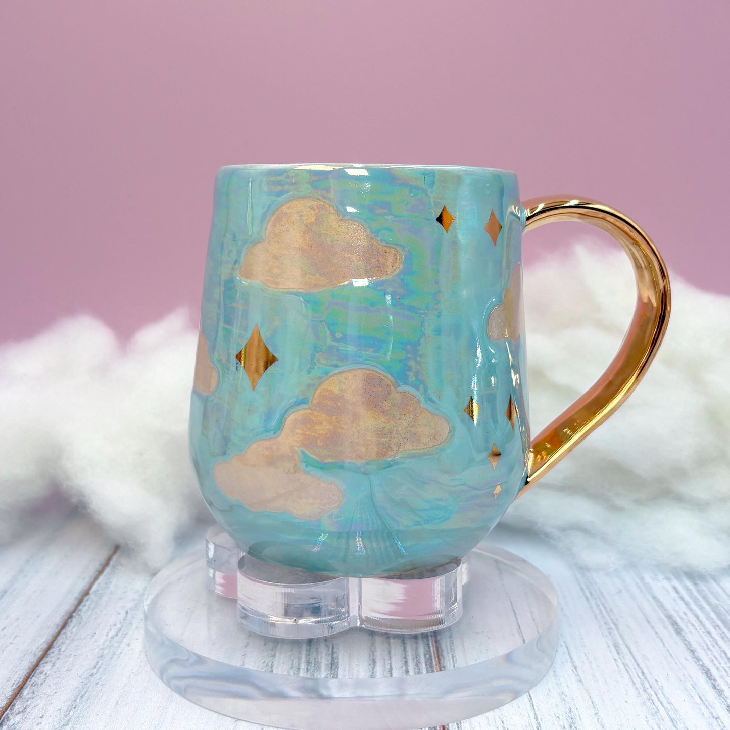 Light Blue and Gold Cloud Ceramic Mug, Rainbow Coffee Mug, Groovy Gift for Women, Rainbow Gift For Friend, Cute Mug Handmade, Retro Cup