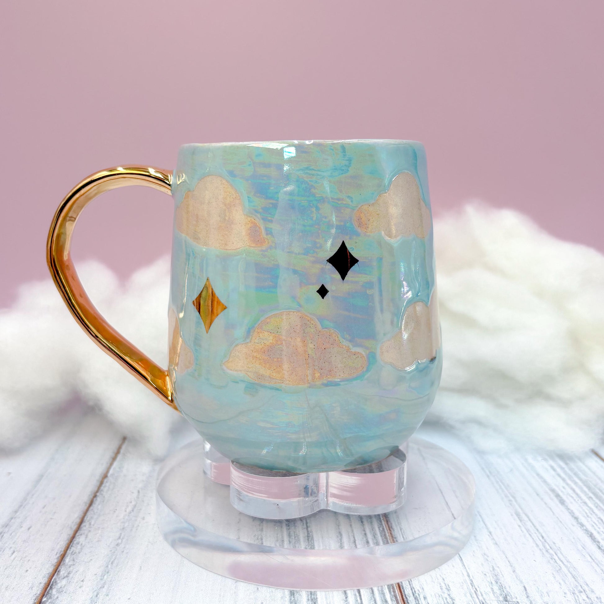Light Blue and Gold Cloud Ceramic Mug, Rainbow Coffee Mug, Groovy Gift for Women, Rainbow Gift For Friend, Cute Mug Handmade, Retro Cup