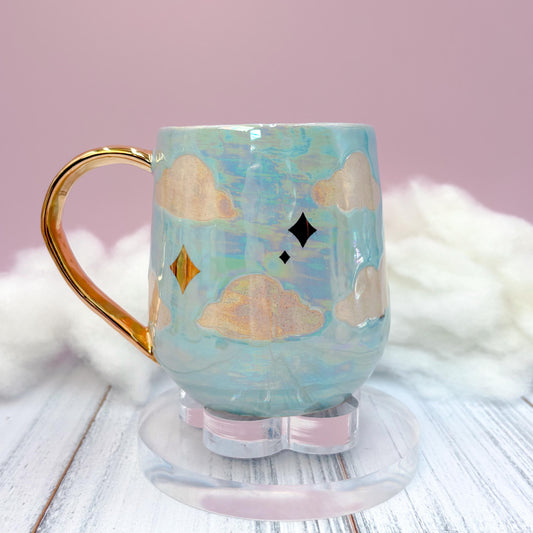Light Blue and Gold Cloud Ceramic Mug, Rainbow Coffee Mug, Groovy Gift for Women, Rainbow Gift For Friend, Cute Mug Handmade, Retro Cup