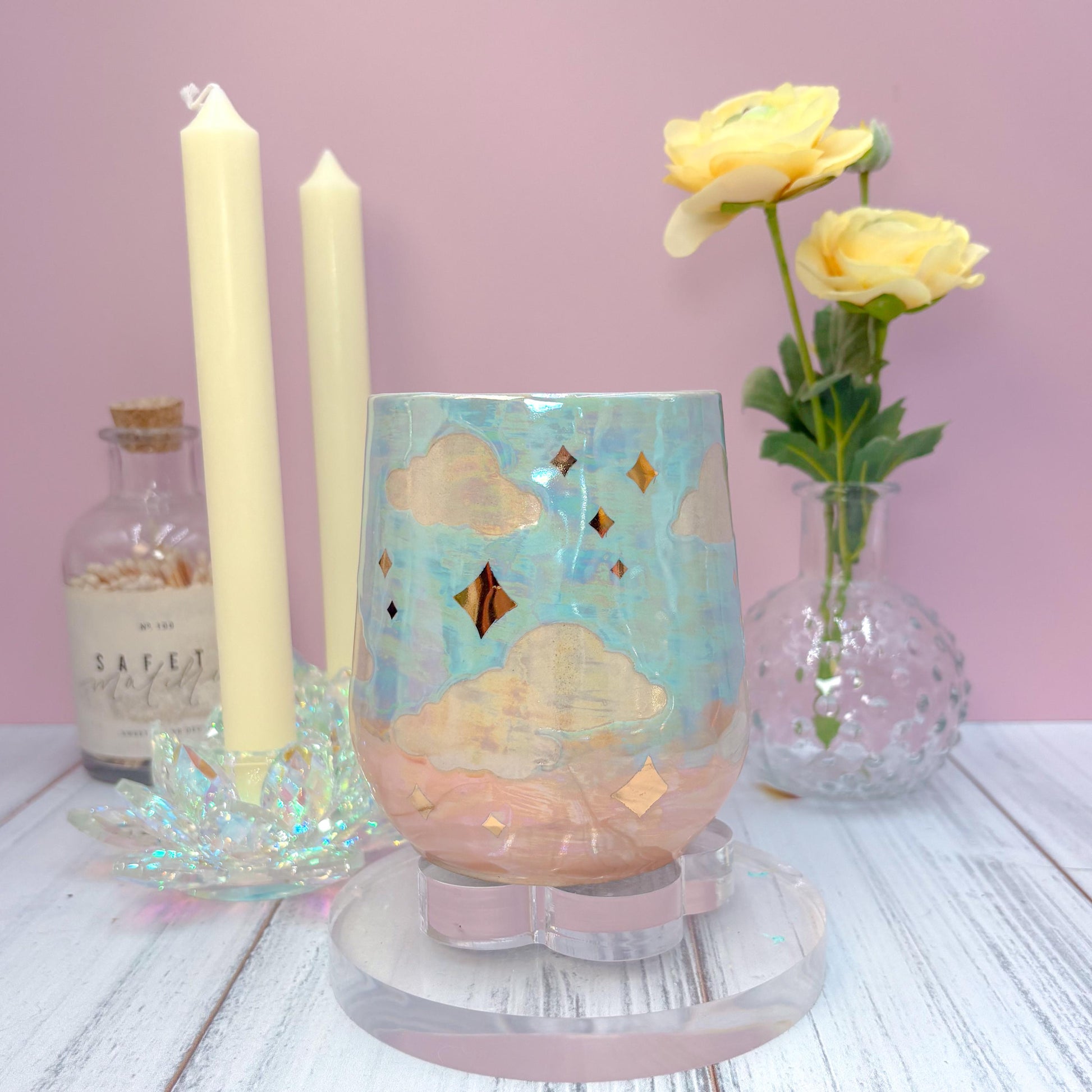 Gold Blue Sunset Ceramic Mug, Rainbow Coffee Mug, Groovy Gift for Women, Rainbow Gift For Friend, Cute Mug Handmade, Retro Handmade Cup