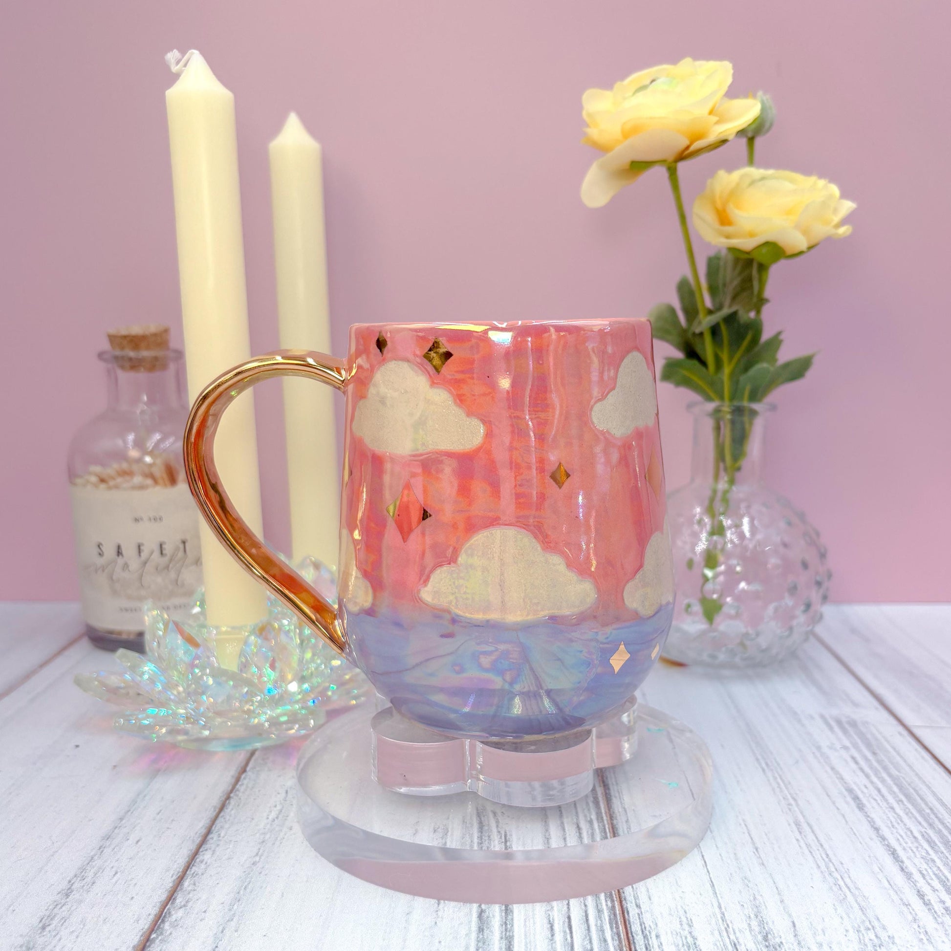 Gold Coral Sunset Ceramic Mug, Rainbow Coffee Mug, Groovy Gift for Women, Rainbow Gift For Friend, Cute Mug Handmade, Retro Handmade Cup