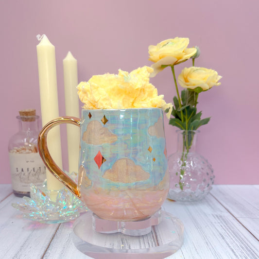 Gold Blue Sunset Ceramic Mug, Rainbow Coffee Mug, Groovy Gift for Women, Rainbow Gift For Friend, Cute Mug Handmade, Retro Handmade Cup