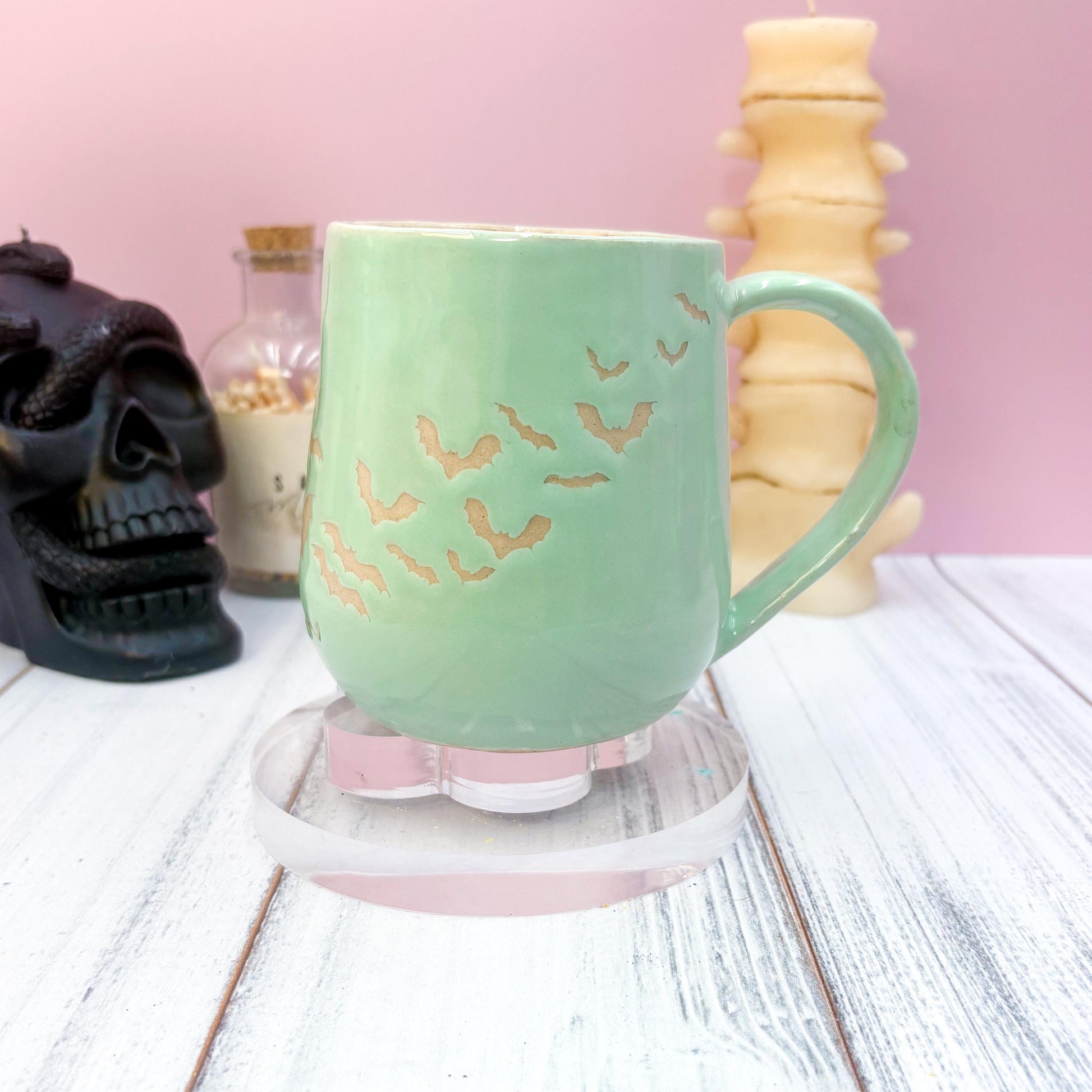 Aqua Bat Ceramic Mug, Autumn Gift For Her, Retro Fall Mug, Halloween Gift, Spooky Mug Handmade, Cute Autumn Mugs, Fall Gift Mom