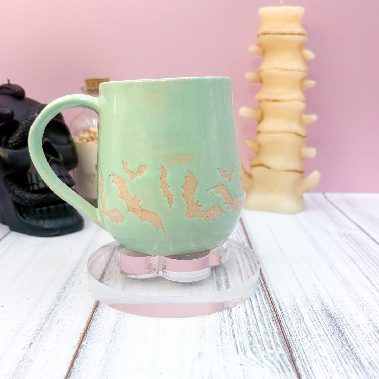 Aqua Bat Ceramic Mug, Autumn Gift For Her, Retro Fall Mug, Halloween Gift, Spooky Mug Handmade, Cute Autumn Mugs, Fall Gift Mom